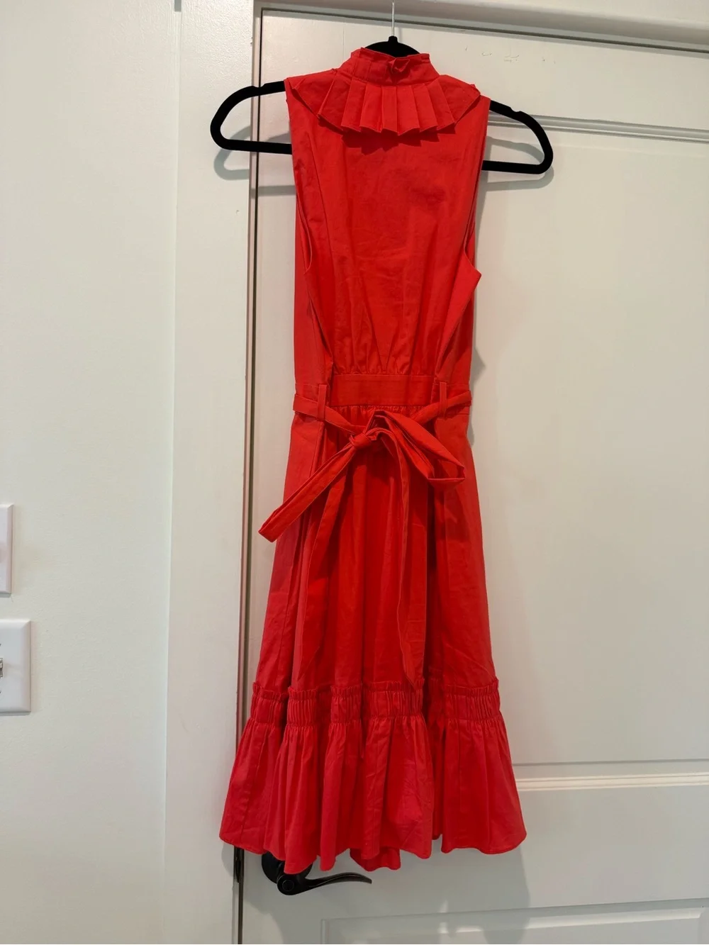 1901 Coral Red Sleeveless Dress with Ruffle Details